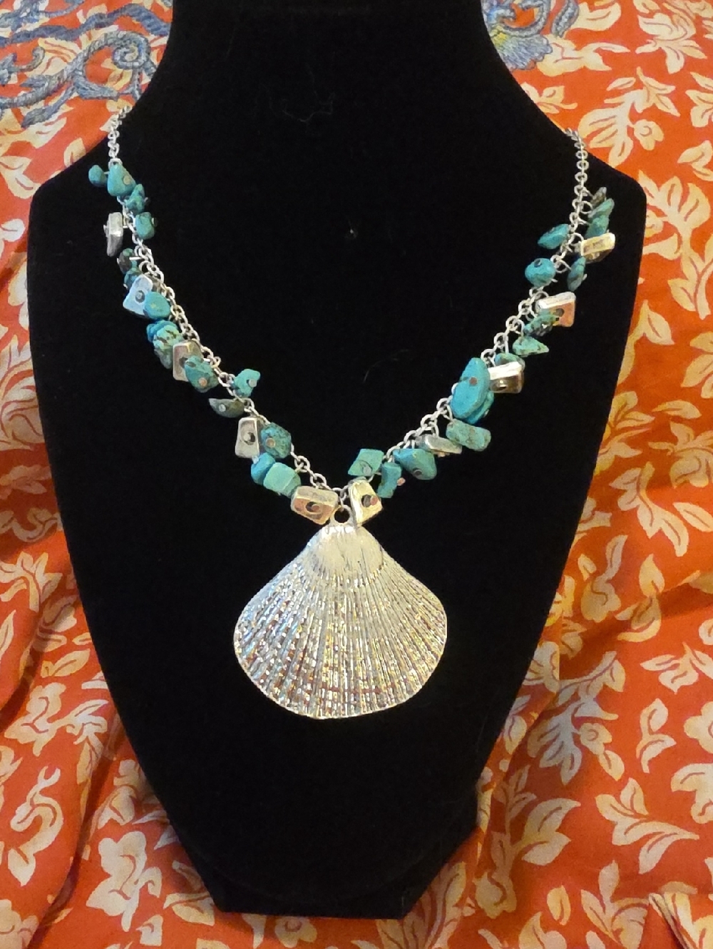 Silver Shell Pendant Necklace with Turquoise Bead Accent